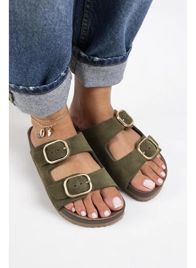 Manijero  Jazmin Women's Genuine Leather Double Buckle Khaki Slippers. for Women | Best Price UAE