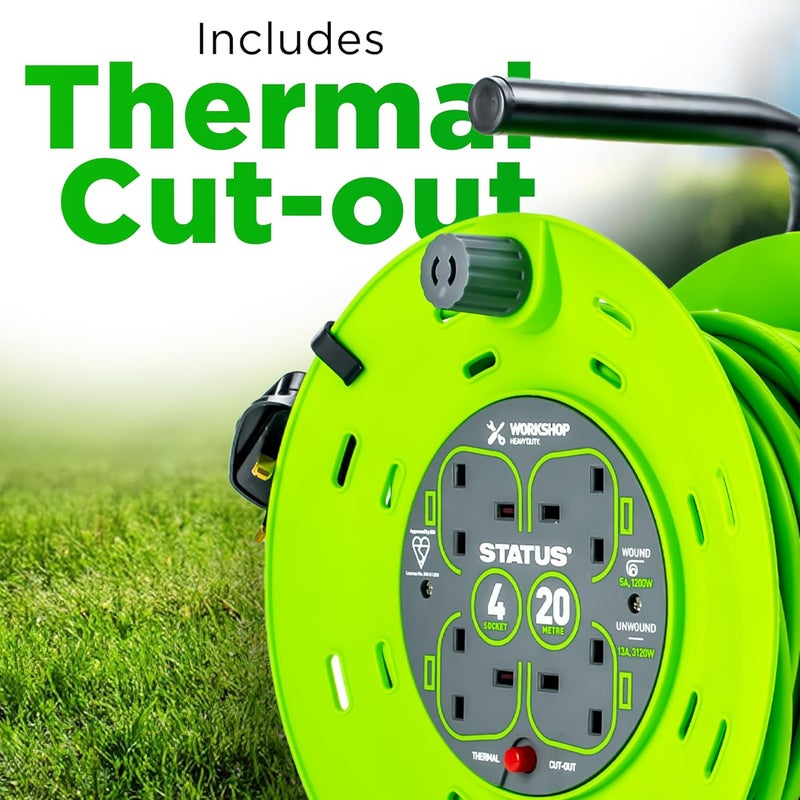 Status 4 Socket Cable Reel | 20m Green Extension Lead | 13A with Thermal Cut Out | Heavy Duty Outdoor Extension Lead | S20M13ACR2 - Image 3