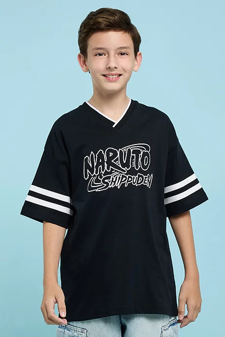 أر أند بي Naruto Print T-Shirt with V-Neck and Short Sleeves