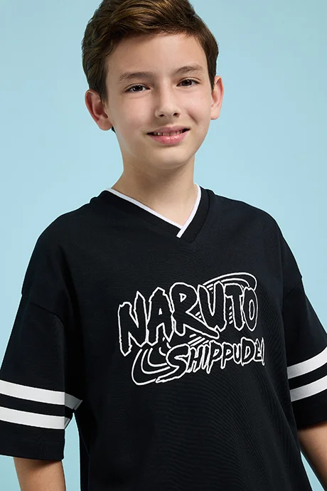 أر أند بي Naruto Print T-Shirt with V-Neck and Short Sleeves
