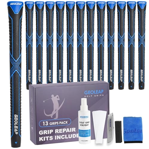 Geoleap Golf Grips 13 Pack with Complete Regripping Kit -Reduced Taper & Triple Texture Non-Slip Design Golf Club Grips, High Shock-Absorbing Soft Feel Golf Grips for Men and women. (Black blue, Midsize) - Image 1