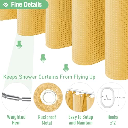 Dynamene Gold Fabric Shower Curtain - Waffle Weave Textured Heavy Duty Cloth Shower Curtains for Bathroom, 256GSM Hotel Luxury Weighted Bath Curtain Set with 12 Hooks,72x72, Gold - Image 5