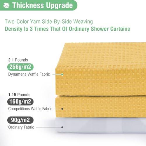 Dynamene Gold Fabric Shower Curtain - Waffle Weave Textured Heavy Duty Cloth Shower Curtains for Bathroom, 256GSM Hotel Luxury Weighted Bath Curtain Set with 12 Hooks,72x72, Gold - Image 2