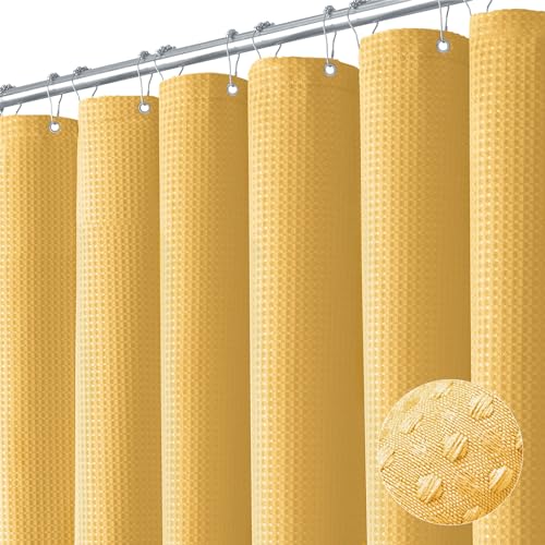 Dynamene Gold Fabric Shower Curtain - Waffle Weave Textured Heavy Duty Cloth Shower Curtains for Bathroom, 256GSM Hotel Luxury Weighted Bath Curtain Set with 12 Hooks,72x72, Gold - Image 1