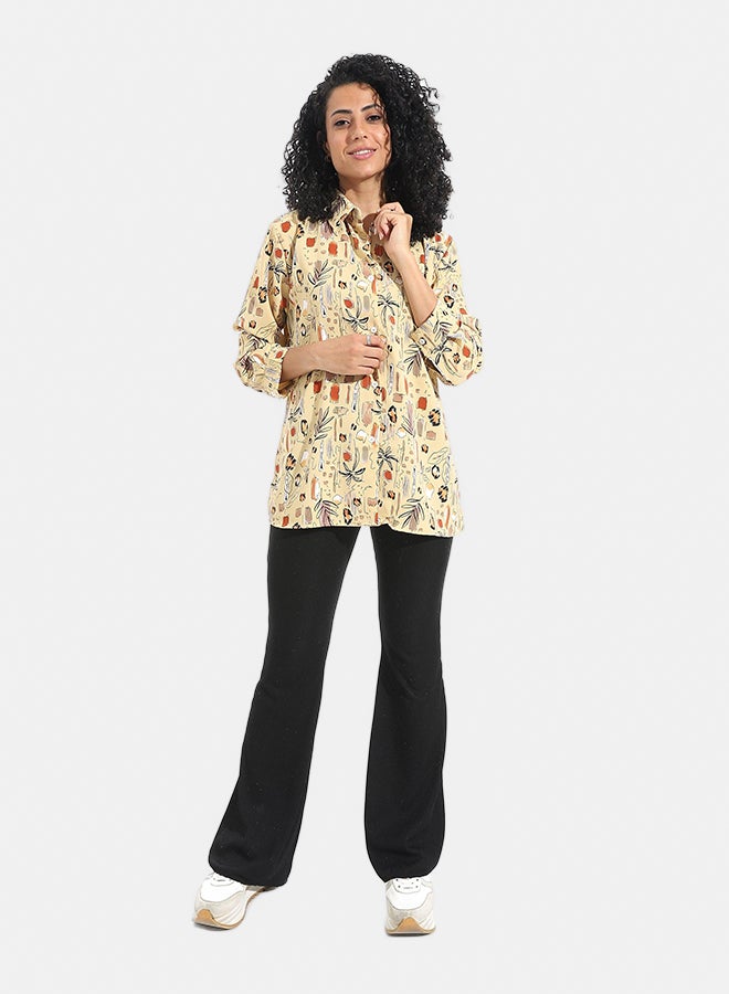 Andora Tiger Shaped Self Patteren Satin Long Sleeves Turned Down Collar Shirt _ Beige - Image 5