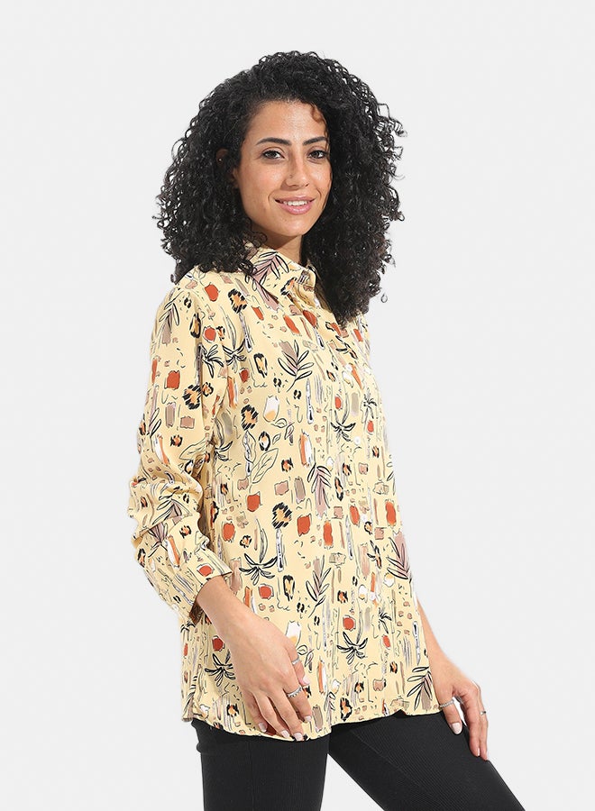 Andora Tiger Shaped Self Patteren Satin Long Sleeves Turned Down Collar Shirt _ Beige - Image 2