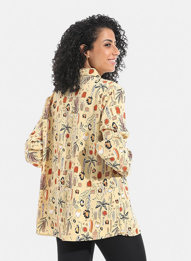 Andora Tiger Shaped Self Patteren Satin Long Sleeves Turned Down Collar Shirt _ Beige - Image 4