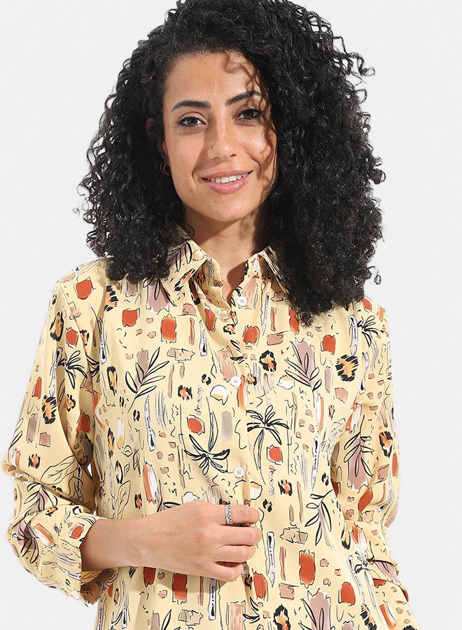 Andora Tiger Shaped Self Patteren Satin Long Sleeves Turned Down Collar Shirt _ Beige - Image 3
