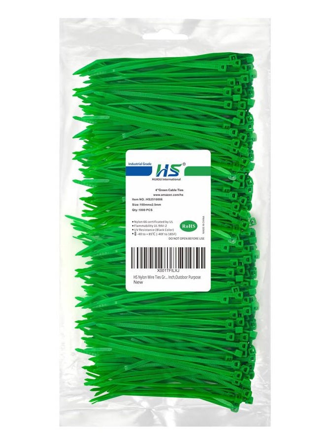 HS Nylon Wire Ties Green Zip Ties 1000 Pieces 18 Lbs Plastic Cable Ties 4 Inch,Outdoor Purpose - Image 1