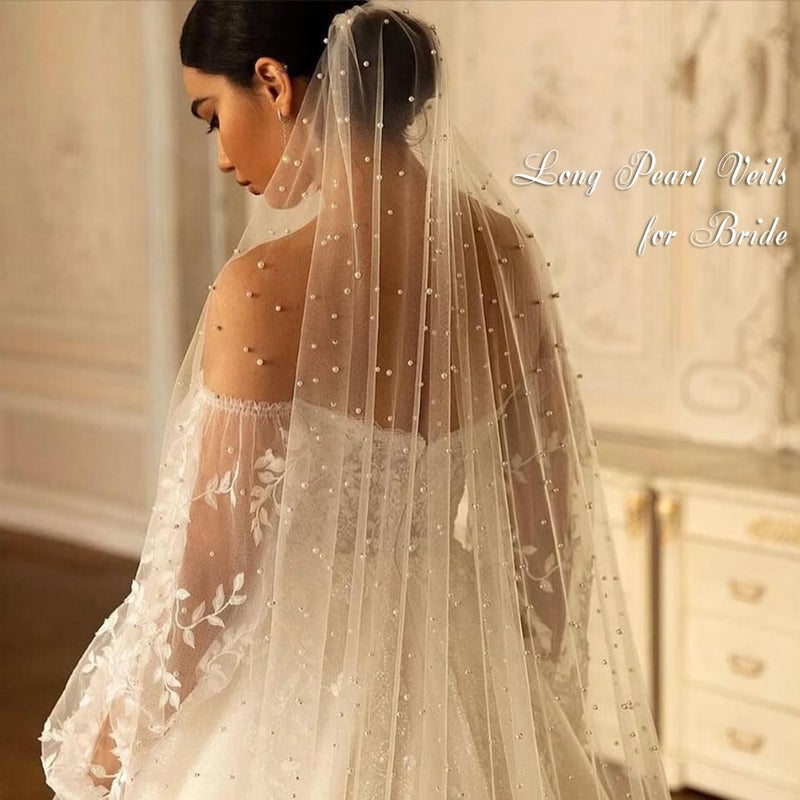 Aiosy Cathedral Wedding Veils Long Pearl Bride Veil with Comb White Lace Brides Hair Accessories 1 Tier 118â€˜â€™ Veils for Women (Cathedral Length 300cm/118inch) - Image 2