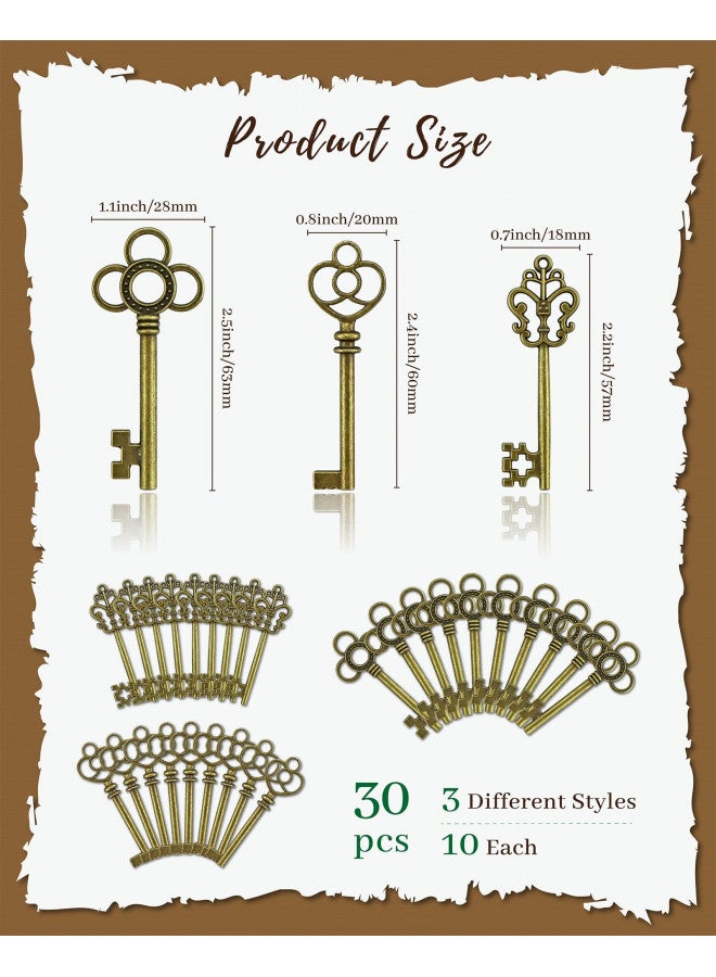JIALEEY 3 Type of 30 PCS Vintage Large Skeleton Key Set Charms, Mixed Antique Style Bronze Brass Key Set Charms for Pendant DIY Jewelry Making Wedding Party Favors - Image 2
