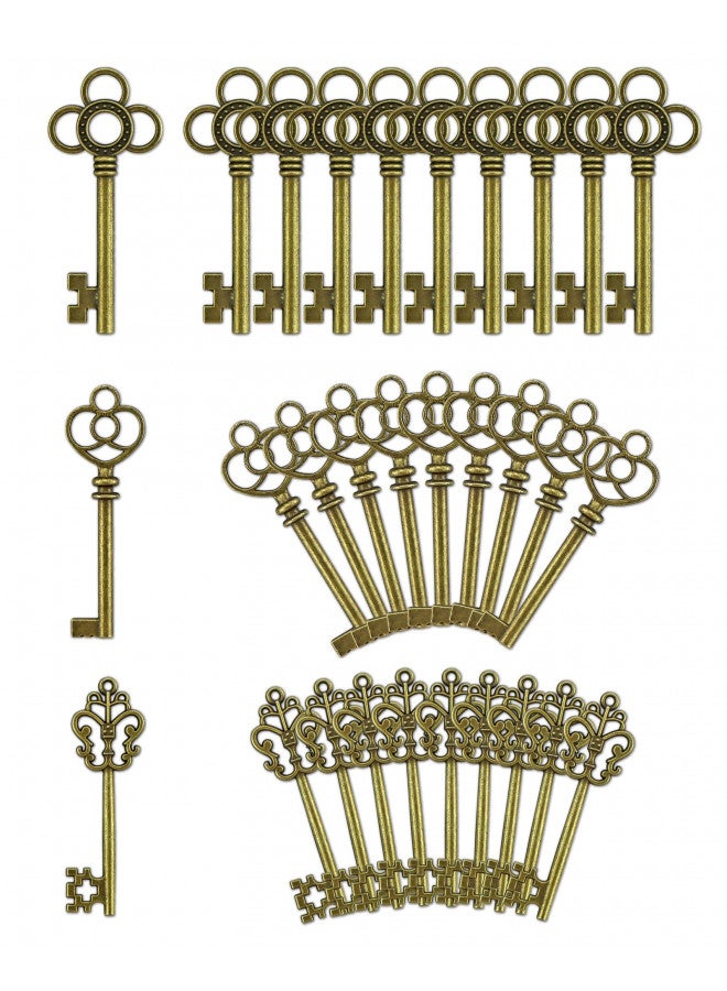 JIALEEY 3 Type of 30 PCS Vintage Large Skeleton Key Set Charms, Mixed Antique Style Bronze Brass Key Set Charms for Pendant DIY Jewelry Making Wedding Party Favors - Image 1