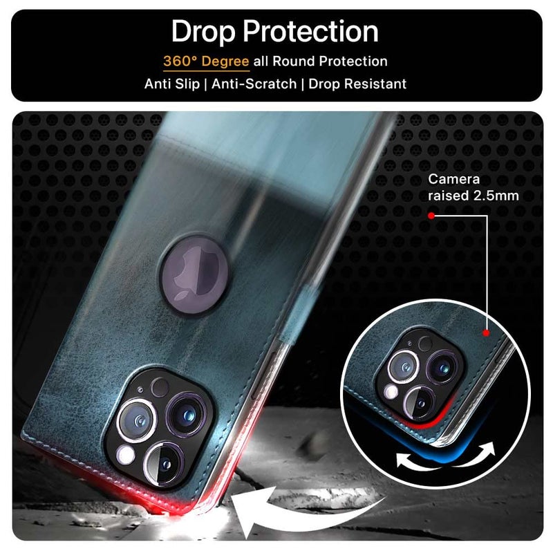 FLIPPED Vegan Leather Flip Cover for Apple iPhone 14 Pro Max | Shock Proof with TPU Bumper & Kickstand | Card & Cash Pockets | Magnetic Closure Wallet Case Cover (Hand Stitched, Blue with Aquamarine) - Image 5