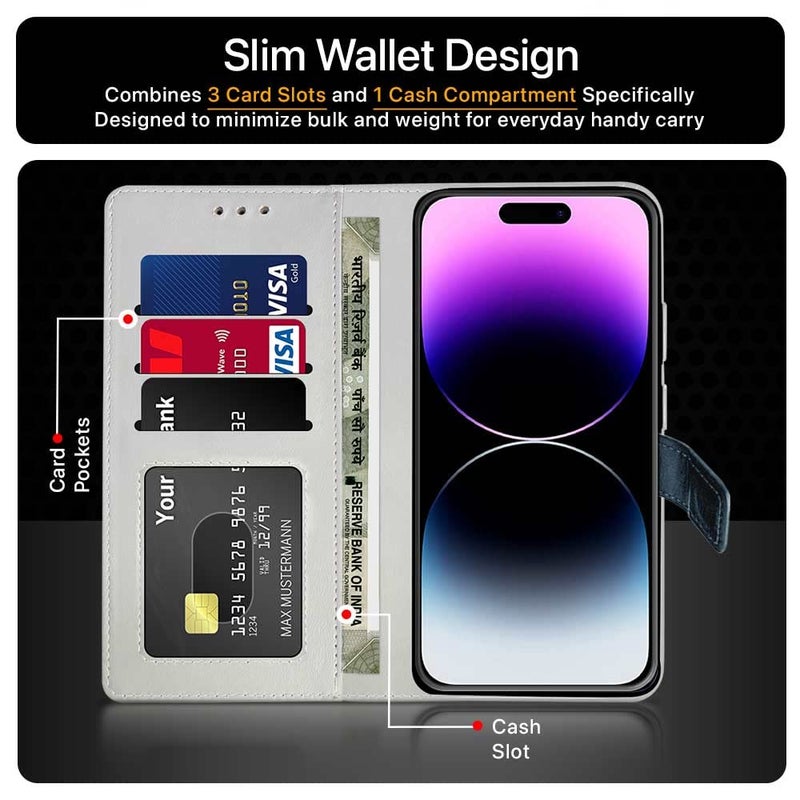 FLIPPED Vegan Leather Flip Cover for Apple iPhone 14 Pro Max | Shock Proof with TPU Bumper & Kickstand | Card & Cash Pockets | Magnetic Closure Wallet Case Cover (Hand Stitched, Blue with Aquamarine) - Image 4