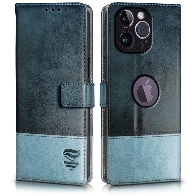 FLIPPED Vegan Leather Flip Cover for Apple iPhone 14 Pro Max | Shock Proof with TPU Bumper & Kickstand | Card & Cash Pockets | Magnetic Closure Wallet Case Cover (Hand Stitched, Blue with Aquamarine) - Image 1