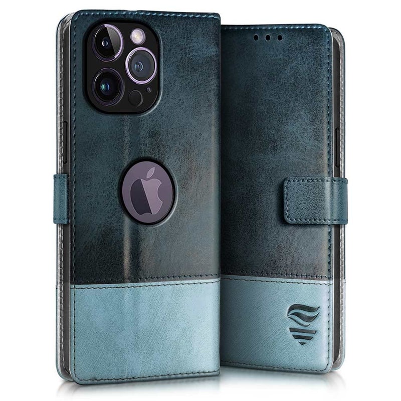 FLIPPED Vegan Leather Flip Cover for Apple iPhone 14 Pro Max | Shock Proof with TPU Bumper & Kickstand | Card & Cash Pockets | Magnetic Closure Wallet Case Cover (Hand Stitched, Blue with Aquamarine) - Image 3