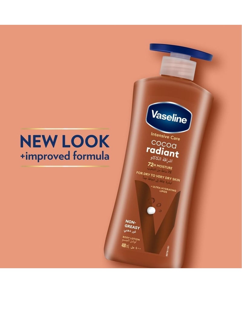 Vaseline Body Lotion Cocoa Radiant with Cocoa Butter, Non-Greasy Formula, Restores Glow To Dull, Dry Skin, 400ml - Image 3