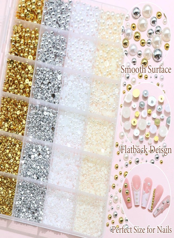 BELICEY 24-Grids Flatback Pearl Beads for Craft 4 Color Half Round Acrylic Pearls for Nails Art,Mixed Size Nail Charms Gems Rhinestones Beads for DIY Manicure Jewelry Decor - Image 3