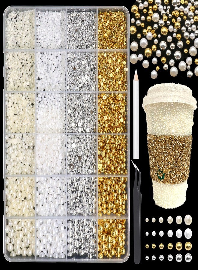BELICEY 24-Grids Flatback Pearl Beads for Craft 4 Color Half Round Acrylic Pearls for Nails Art,Mixed Size Nail Charms Gems Rhinestones Beads for DIY Manicure Jewelry Decor - Image 1