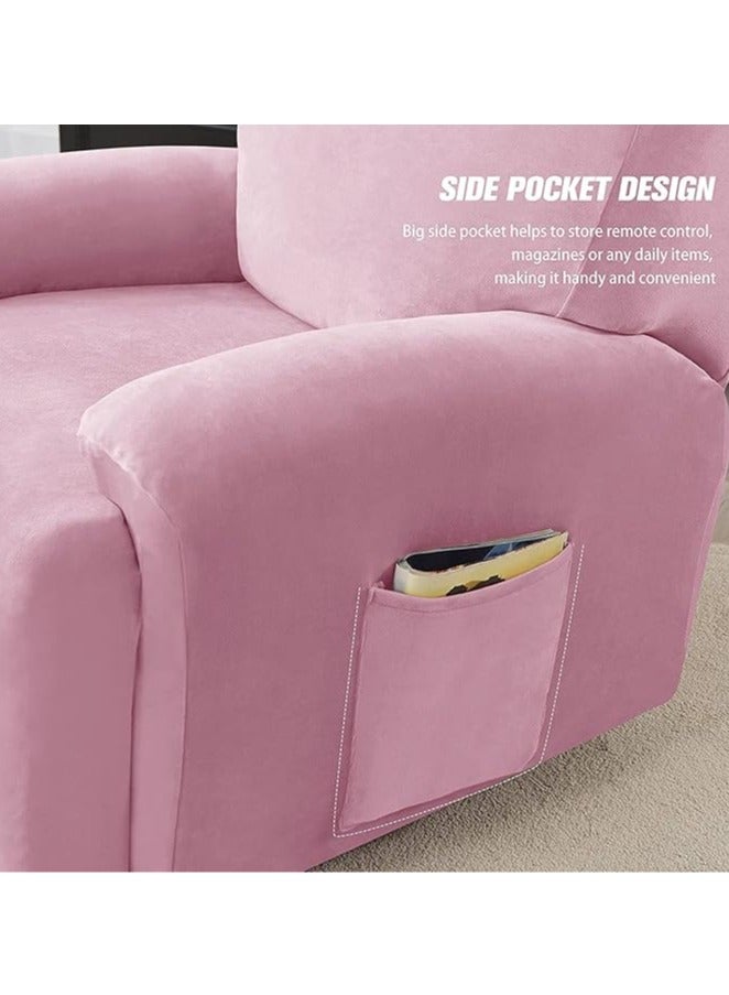 general 4-Piece Velvet Chaise longue Cover, Living Room Stretch Velvet Plush Lounge Chair Cover with Side Pockets, TV Chair Protector, Seat Width 58-89 cm (Pink) - Image 4