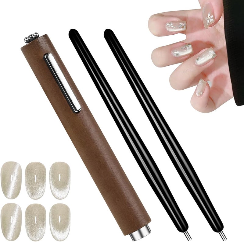 3Pcs Cat Eye Nail Magnet Magnetic Pen Tool Sets 3 In 1 Multifunctional Powerful Magnetic Cat Eye Gel Nail Polish Steel Ball Suction Art Design Accessories Wood Tools for Home Diy Salon Studio