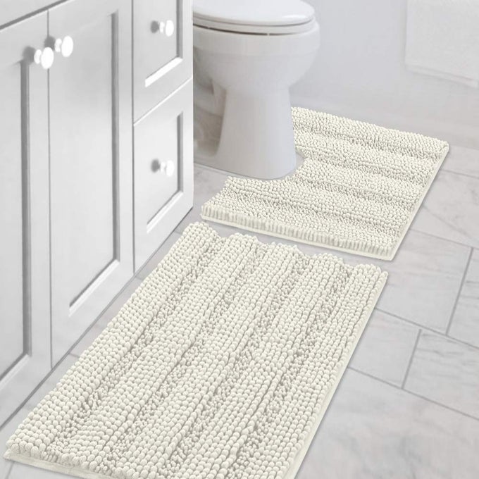 HVERSAILTEX BATHROOM RUGS BATH RUG SET 2 PIECE BATHROOM CONTOUR RUG TOILET MAT SETS NON SLIP CONTOUR BATH RUG ULTRA THICK WATER ABSORBENT STRIPED BATH MATS WASHABLE20 X 32 PLUS 20 X 20 U CREAM