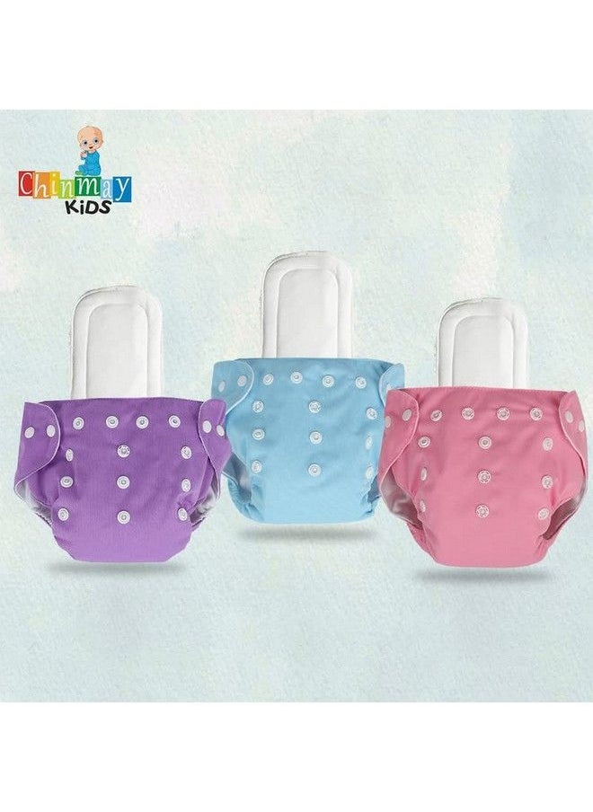 Chinmay Kids - Combo Of Reusable Baby Washable Cloth Diaper Nappies With Multi Layered Microfibre Baby Insert Pads (Set Of 3) (Blue Pink Purple) (Assorted Colours) - Image 1