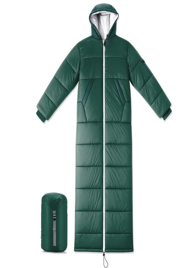 ماكاري كيس نوم ماكاري القابل للارتداء للبالغين بأكمام وغطاء للرأس، طوله 74 بوصة، كيس نوم معزول مناسب للطقس البارد بدرجة حرارة 0 درجة، مثالي للتخييم والمشي لمسافات طويلة في الملاعب الباردة للغاية (أخضر) - Image 1