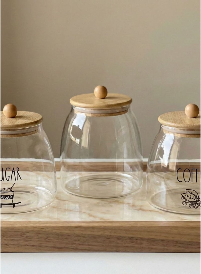 CasaHome Premium 3-Piece Glass Storage Jar Set with Wooden Lids – Sugar, Coffee, Tea – Clear Rounded Canisters – Elegant Kitchen Organizer - Image 1