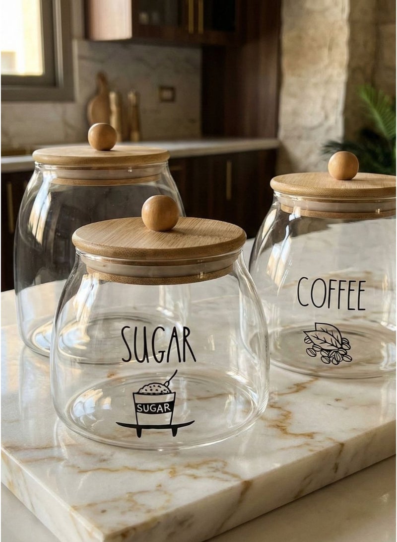 CasaHome Premium 3-Piece Glass Storage Jar Set with Wooden Lids – Sugar, Coffee, Tea – Clear Rounded Canisters – Elegant Kitchen Organizer - Image 2