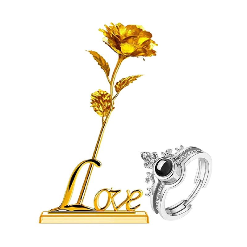 Natali Valentine Love Gift Combo Artificial Golden Rose I Love You Ring - Image 1