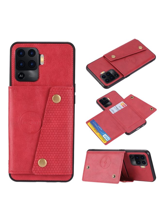HuHa Case Cover For OPPO A94 Double Buckle PU + TPU Shockproof Magnetic Protective Case with Card Slot & Holder Red