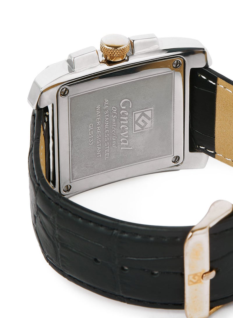 Geneval of Switzerland ساعة يد تناظرية بحزام جلدي GL133CRWB - 39 مم - أسود - Image 4