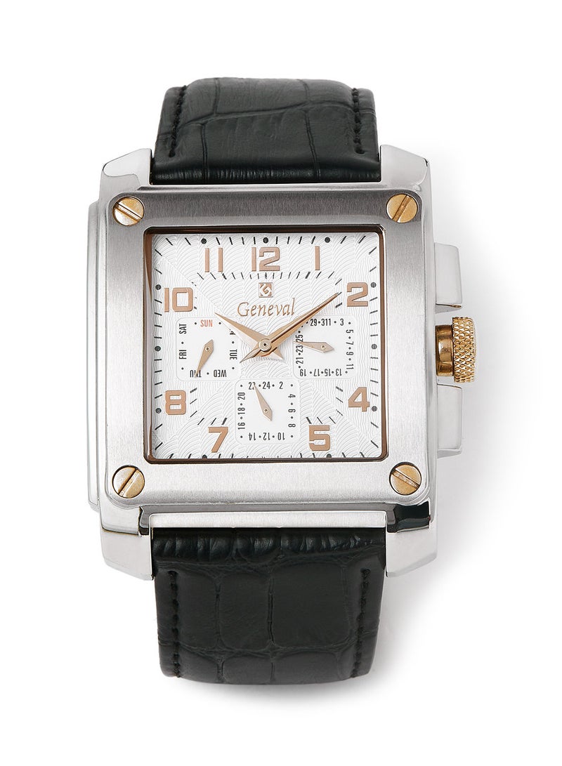 Geneval of Switzerland ساعة يد تناظرية بحزام جلدي GL133CRWB - 39 مم - أسود - Image 1