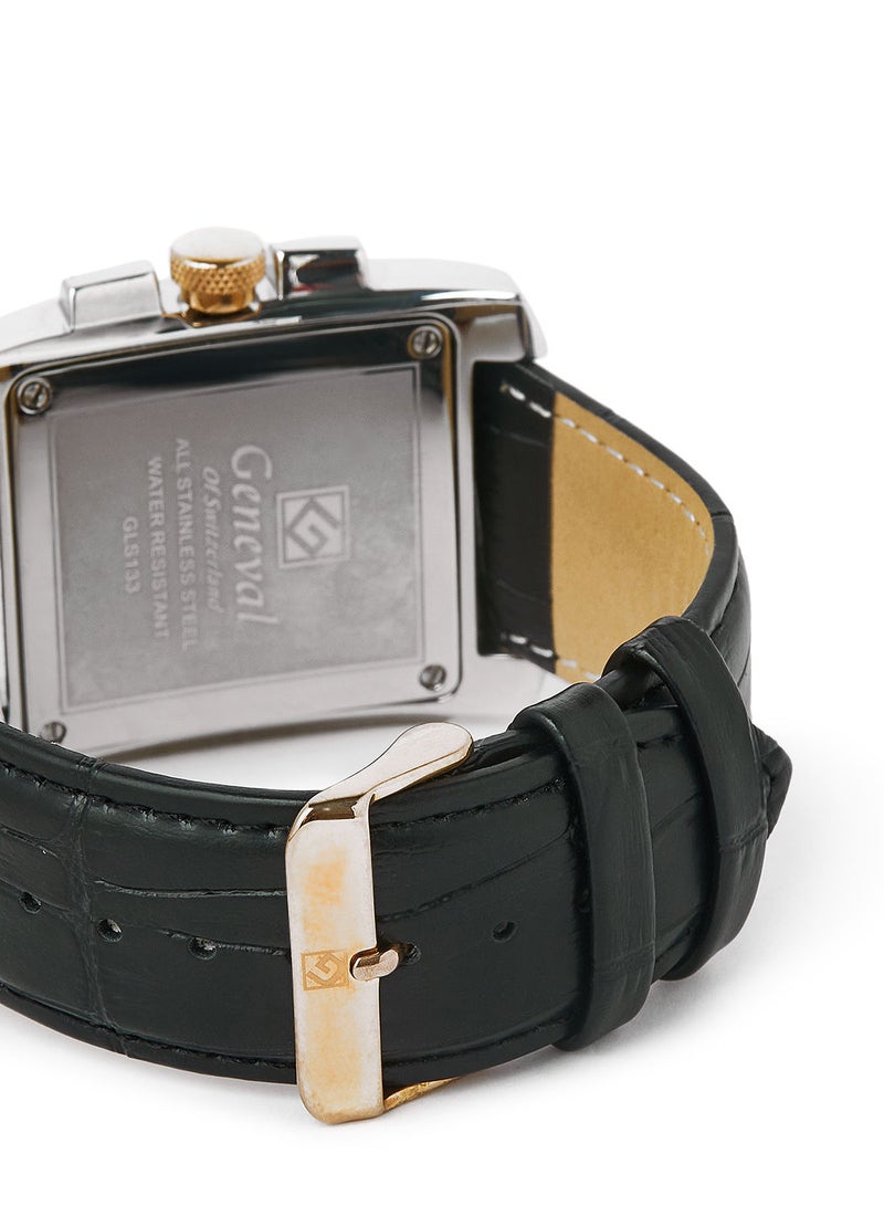 Geneval of Switzerland ساعة يد تناظرية بحزام جلدي GL133CRWB - 39 مم - أسود - Image 3
