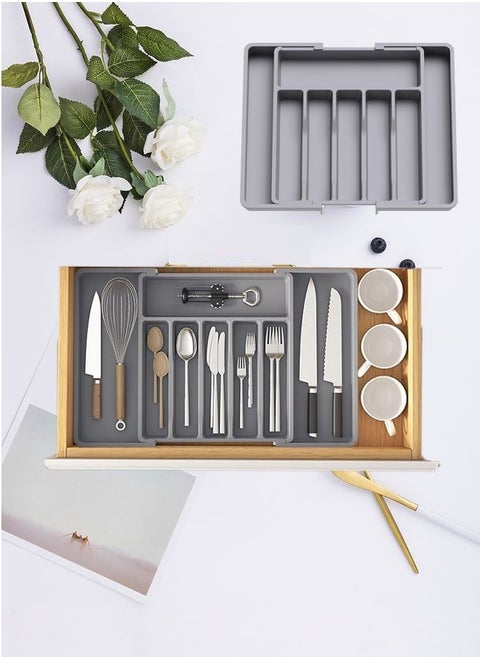 Household Silverware Drawer Organizer Kitchen Expandable Utensil Tray Adjustable Flatware and Cutlery Holder Compact Plastic Storage for Spoons Forks Knives(Grey)