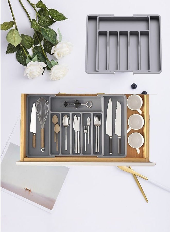 Household Silverware Drawer Organizer Kitchen Expandable Utensil Tray Adjustable Flatware and Cutlery Holder Compact Plastic Storage for Spoons Forks Knives(Grey)  - Image 1