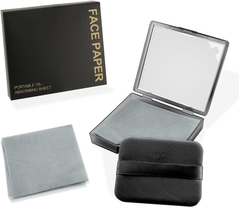 BOROLA BOROLA 3-in-1 Oil Blotting Paper Set for Face 100 Sheets Oil Absorbing Sheets with Portable Mirror & Adhesive Makeup Puff, Blotting Papers for Oily Skin, Design for Men & Women(Black) 