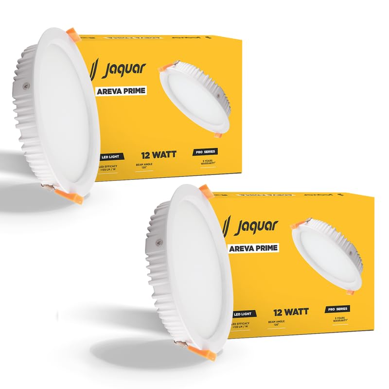 Jaquar 12W Areva Prime Round Downlight with Aluminum housing | 5 Year Warranty | Cool White (6500k) Sleek Backlit Design | Recessed Mounted False Ceiling | 105 mm Cutout |120x28 mm (Pack 2) - Image 1