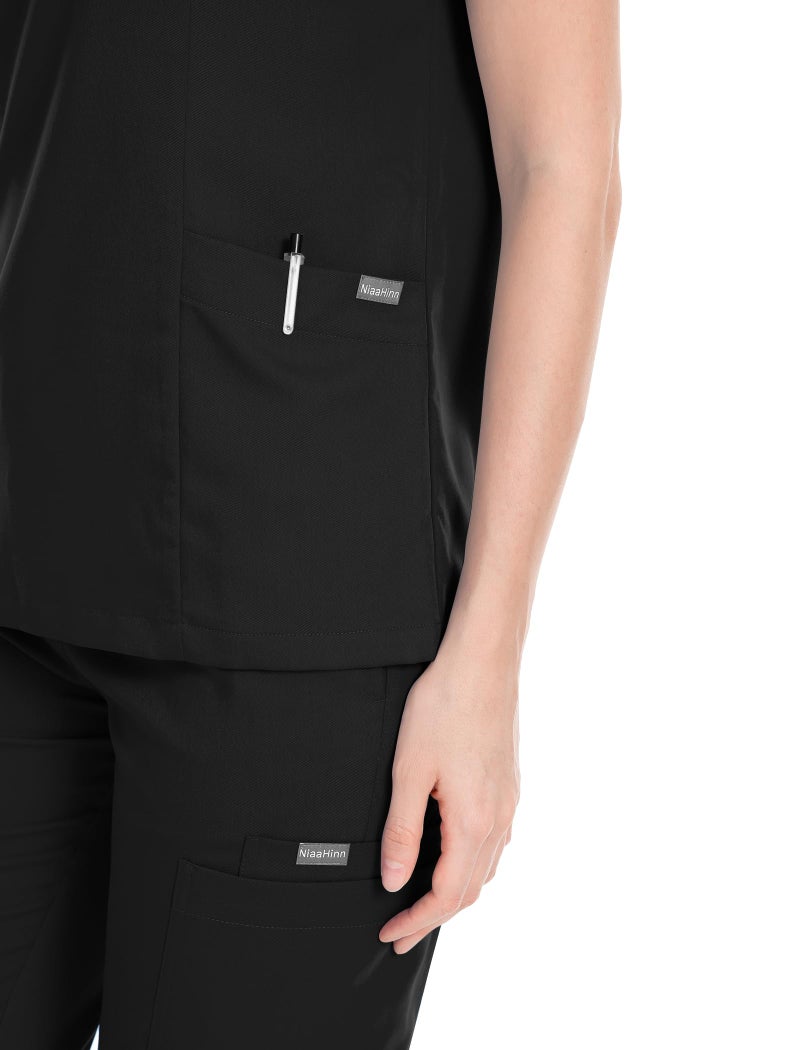 niaahinn Scrub Suit Set for Women Modern V-neck Top & Tapered Leg Jogger Pants with Drawstring Medical Nursing Uniforms Set (Black, L) - Image 5