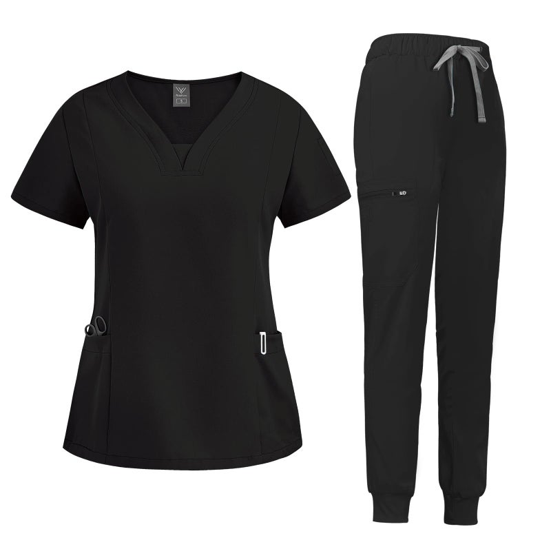 niaahinn Scrub Suit Set for Women Modern V-neck Top & Tapered Leg Jogger Pants with Drawstring Medical Nursing Uniforms Set (Black, L) - Image 1