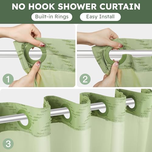 FADOTY No Hook Shower Curtain and Snap in Liner Set Sage Green Tufted Chevron Striped Cloth Waterproof Washable Fabric Boho Bath Curtain with See Through Mesh Top Window for Bathroom Hotel 71 x 74 - Image 3