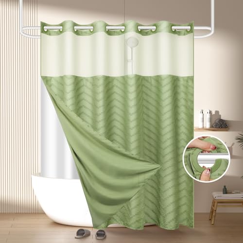 FADOTY No Hook Shower Curtain and Snap in Liner Set Sage Green Tufted Chevron Striped Cloth Waterproof Washable Fabric Boho Bath Curtain with See Through Mesh Top Window for Bathroom Hotel 71 x 74 - Image 1