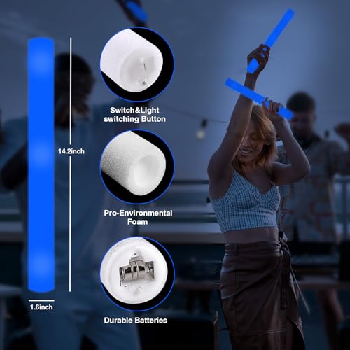 YOFOBU 48Pack LED Glow Foam Sticks BulkLight Up Glow Sticks with 3 Flashing ModesBlue Glow Wands Party PackGlow In The Dark Party Supplies for Valentines DayJuly 4th WeddingBirthdayConcert - Image 5