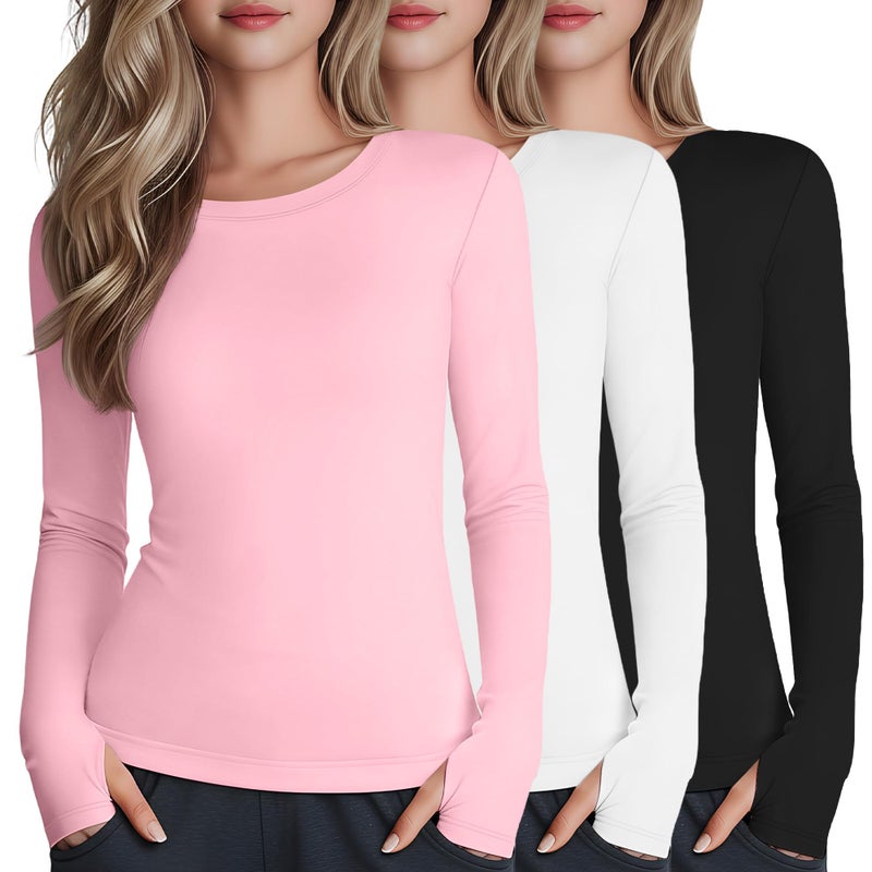 LessonZoo 3 Pack Girl's Long Sleeve Athletic Shirts with Thumb Holes Compression Top Quick Dry Basic Activewear 5-14Years(Pink, White, Black,11-12 Years) - Image 1