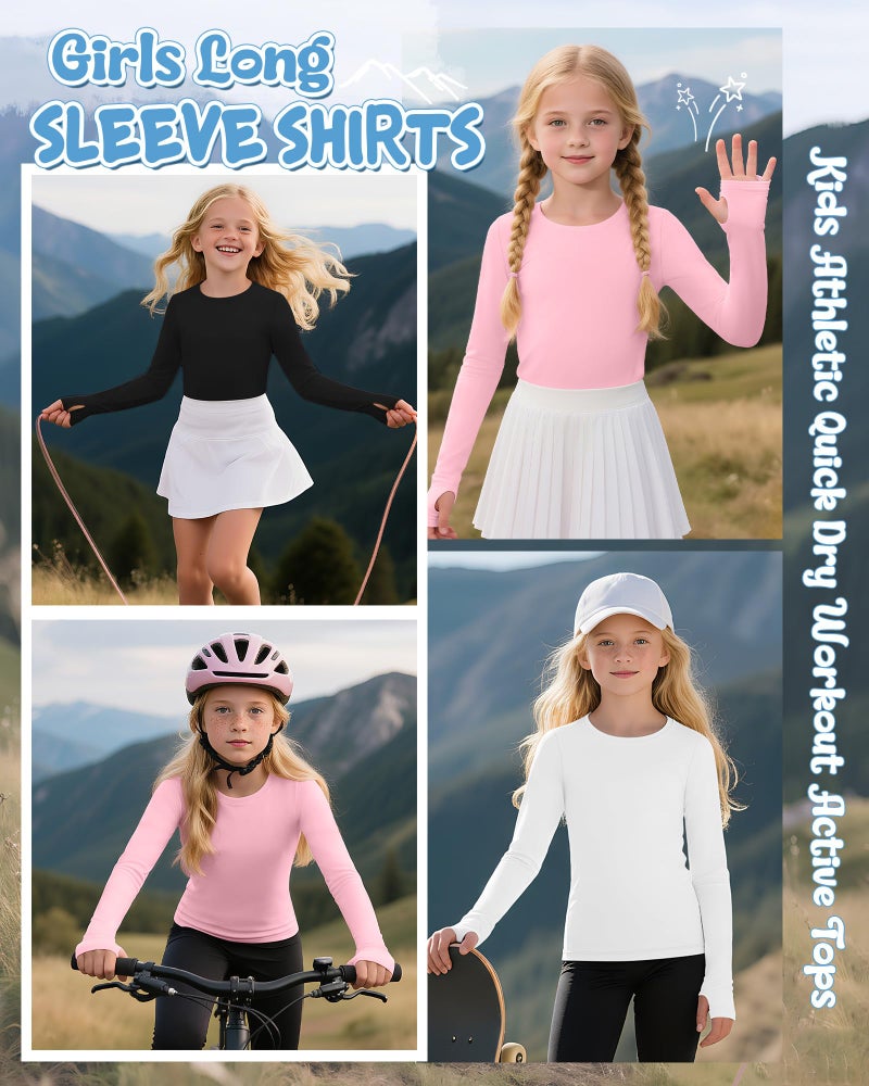 LessonZoo 3 Pack Girl's Long Sleeve Athletic Shirts with Thumb Holes Compression Top Quick Dry Basic Activewear 5-14Years(Pink, White, Black,11-12 Years) - Image 3