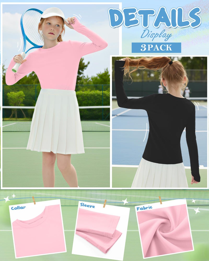 LessonZoo 3 Pack Girl's Long Sleeve Athletic Shirts with Thumb Holes Compression Top Quick Dry Basic Activewear 5-14Years(Pink, White, Black,11-12 Years) - Image 2