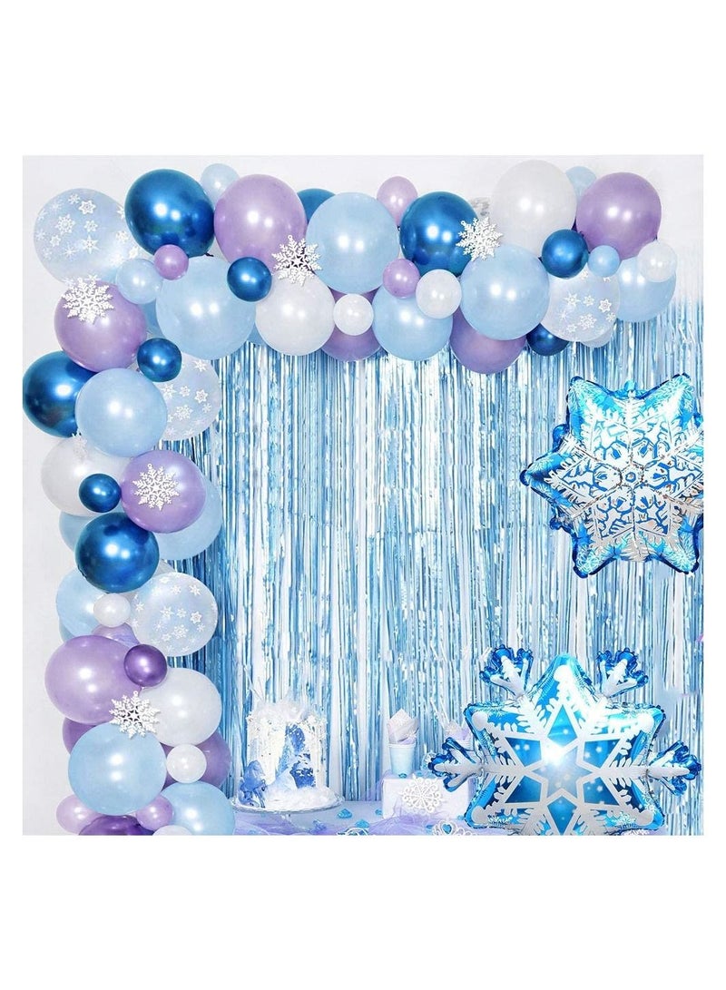 JOLLITY LLC قوس بالونات لحفلات أعياد الميلاد من وندرلاند، ديكور شتوي فروزن، إكليل من رقائق اللاتكس المعدنية باللون الأزرق والأبيض مع شريط شريط بالونات ندفة الثلج للفتيات لحفلات استقبال المولود الجديد (78 قطعة) - Image 1