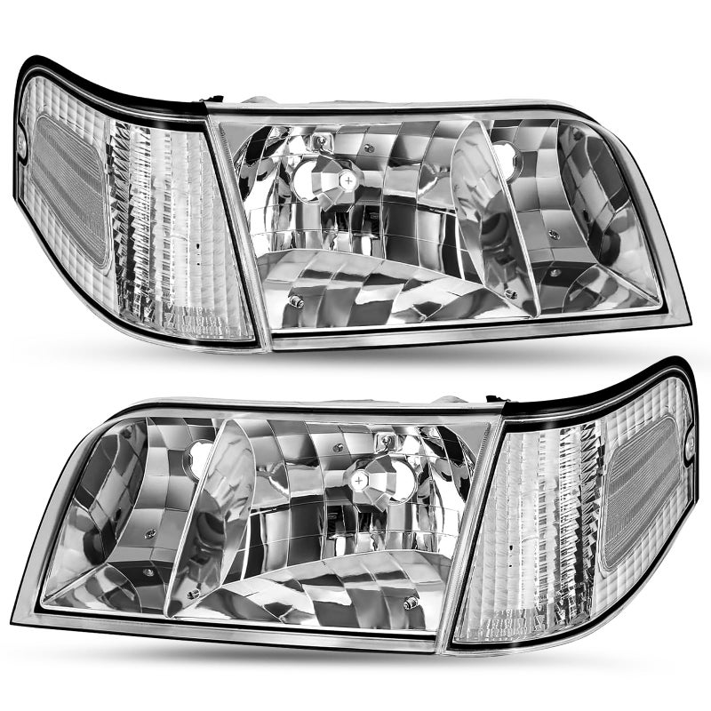 SOCKIR Headlight Assembly Fit for 1998 to 2011 Ford Crown Victoria Headlamp wCorner Lights 4pcs Chrome Housing with Clear Reflector