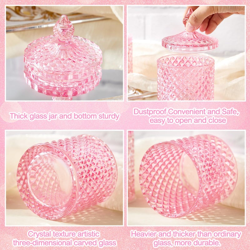 Aoriher 4 Pcs Crystal Glass Candy Jar Set with Lids Home Decorative Storage Jars for Apothecary, Bathroom, Kitchen, and Pantry, Ideal for Cotton Swabs and Jewelry(Medium,Pink) - Image 3
